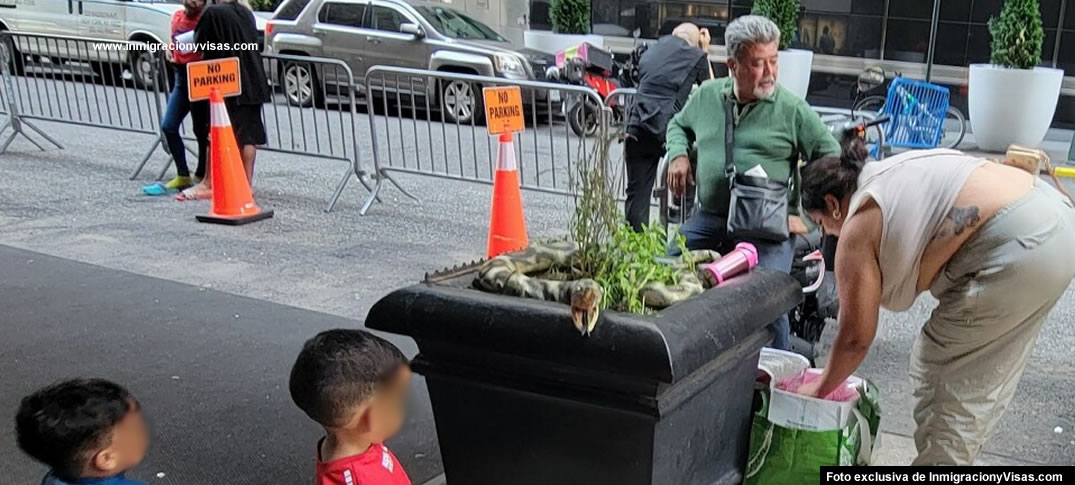 Foto exclusiva de InmigracionyVisas.com : Familia inmigrante esperando en la calle por un lugar en el Hotel Roosevelt de Nueva York Foto exclusiva de InmigracionyVisas.com : Familia inmigrante esperando en la calle por un lugar en el Hotel Roosevelt de Nueva York